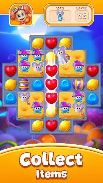 A candy board with the goal panel and a move counter of twenty-six above the grid