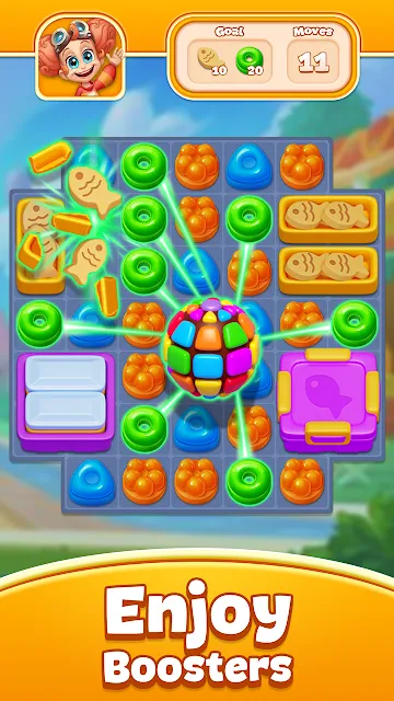 A rainbow booster discharging across the middle of a candy grid